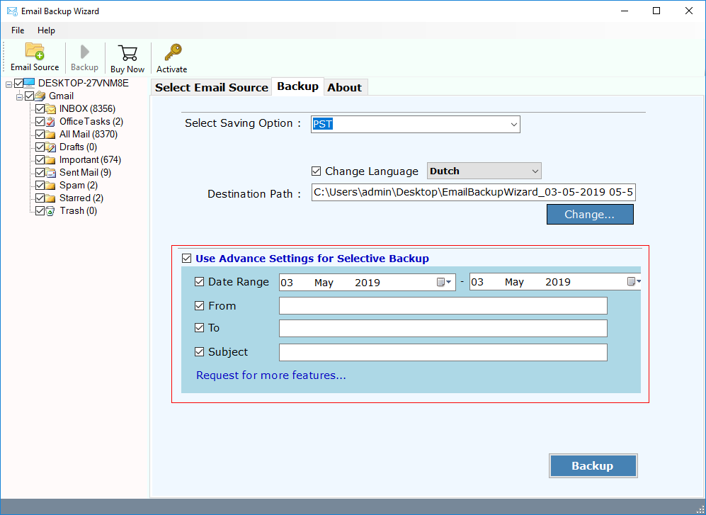 advance settings in gmail backup wizard