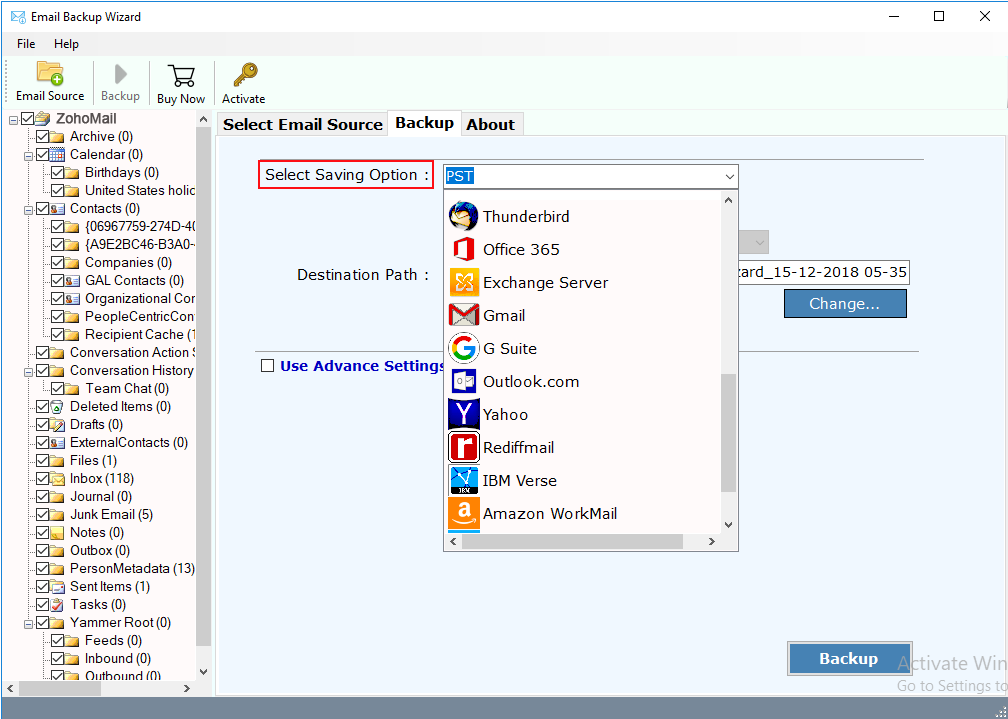 select saving options as webmail