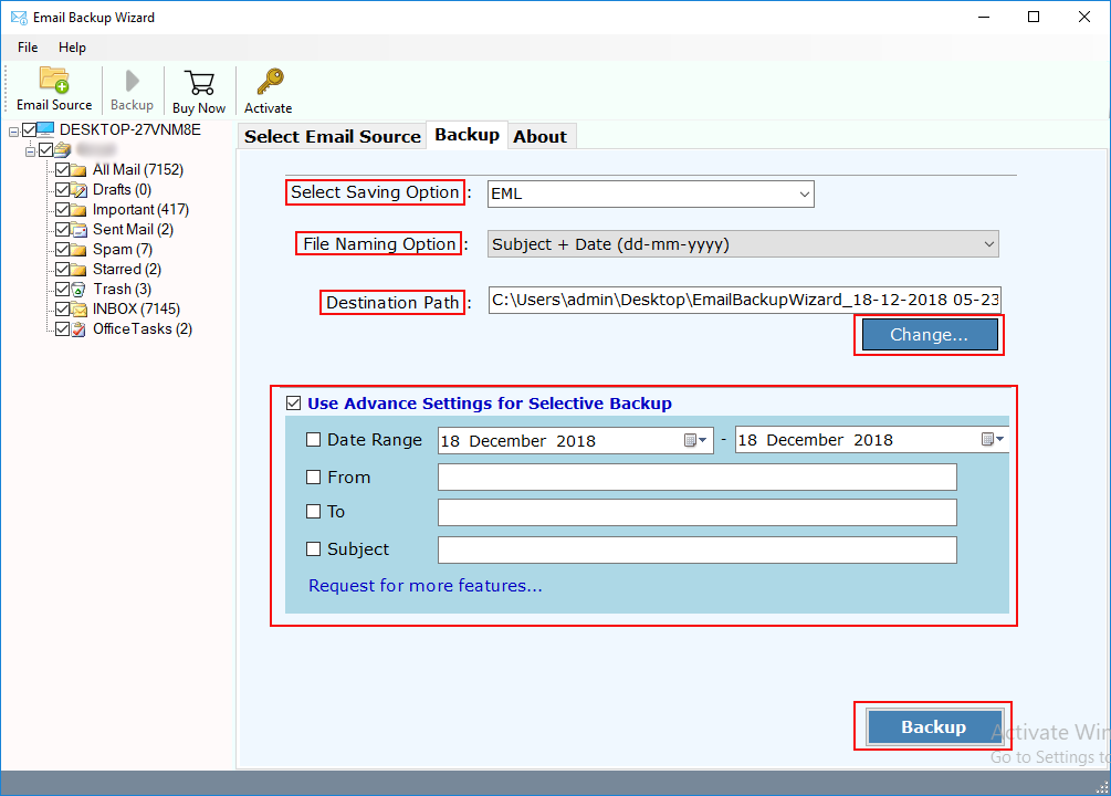 advance settings in mails backup tool