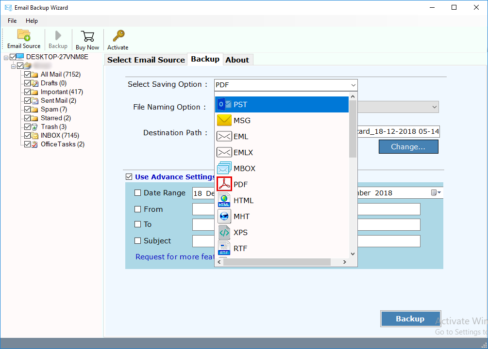 saving options in mails backup software 